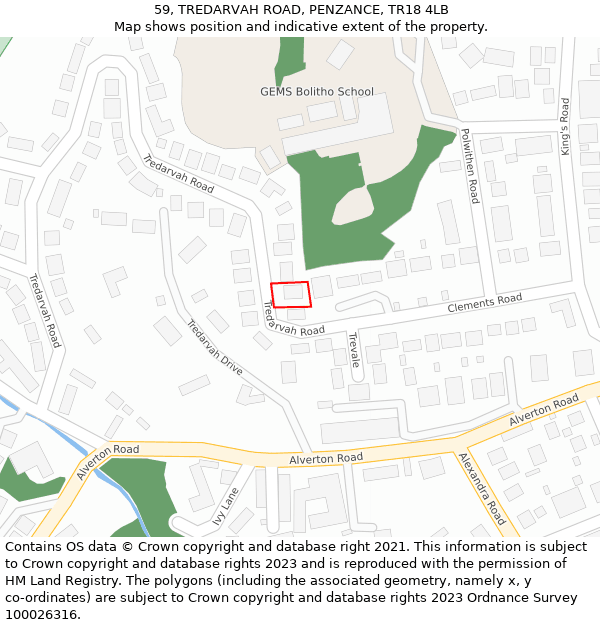 59, TREDARVAH ROAD, PENZANCE, TR18 4LB: Location map and indicative extent of plot