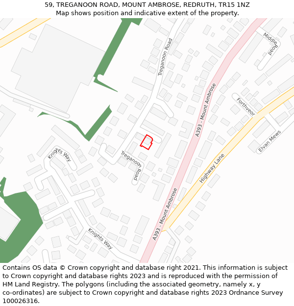 59, TREGANOON ROAD, MOUNT AMBROSE, REDRUTH, TR15 1NZ: Location map and indicative extent of plot