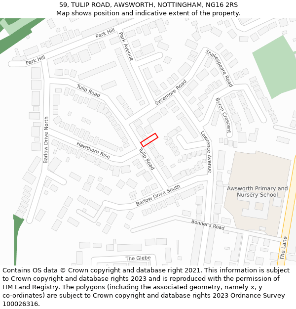 59, TULIP ROAD, AWSWORTH, NOTTINGHAM, NG16 2RS: Location map and indicative extent of plot