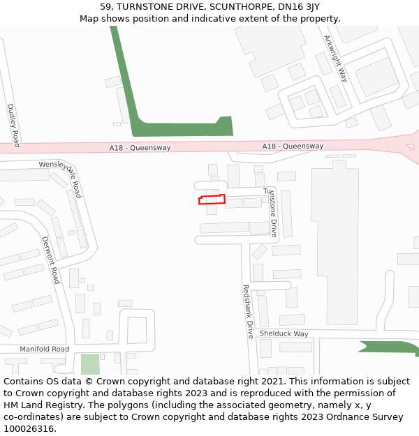 59, TURNSTONE DRIVE, SCUNTHORPE, DN16 3JY: Location map and indicative extent of plot