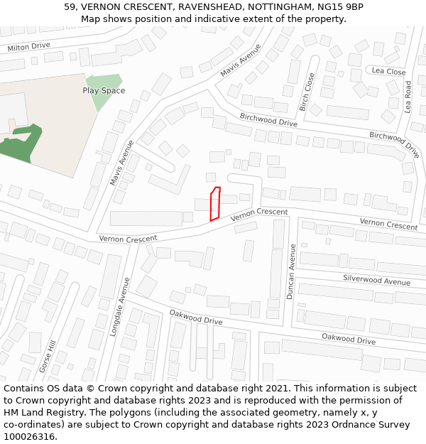 59, VERNON CRESCENT, RAVENSHEAD, NOTTINGHAM, NG15 9BP: Location map and indicative extent of plot