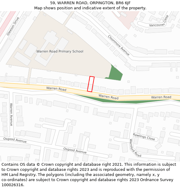 59, WARREN ROAD, ORPINGTON, BR6 6JF: Location map and indicative extent of plot