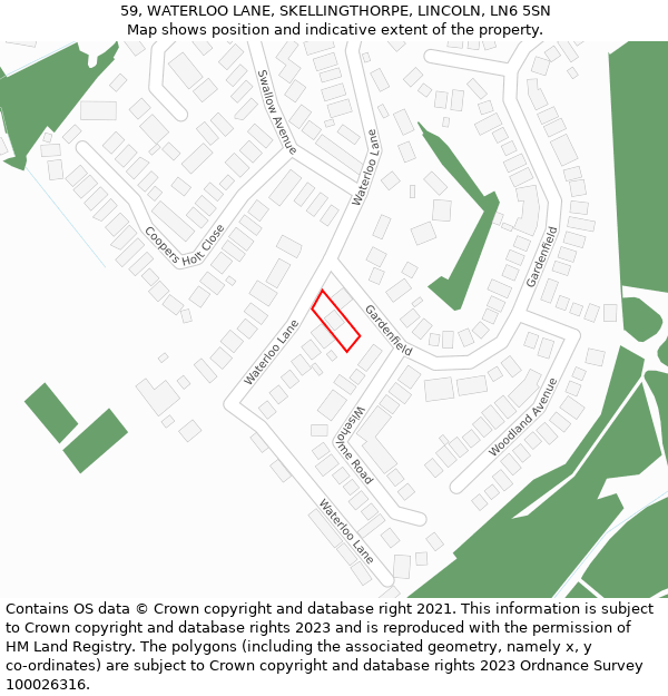 59, WATERLOO LANE, SKELLINGTHORPE, LINCOLN, LN6 5SN: Location map and indicative extent of plot