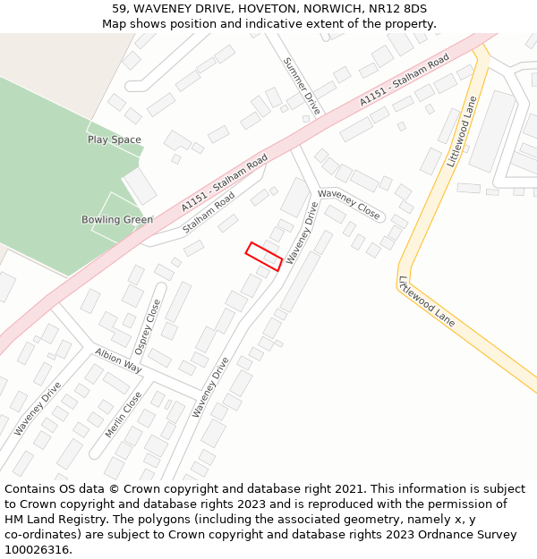 59, WAVENEY DRIVE, HOVETON, NORWICH, NR12 8DS: Location map and indicative extent of plot