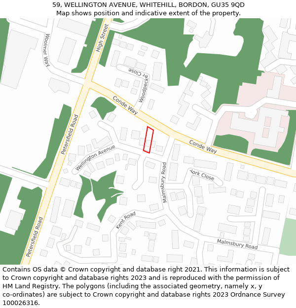 59, WELLINGTON AVENUE, WHITEHILL, BORDON, GU35 9QD: Location map and indicative extent of plot