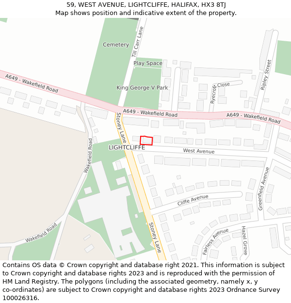 59, WEST AVENUE, LIGHTCLIFFE, HALIFAX, HX3 8TJ: Location map and indicative extent of plot