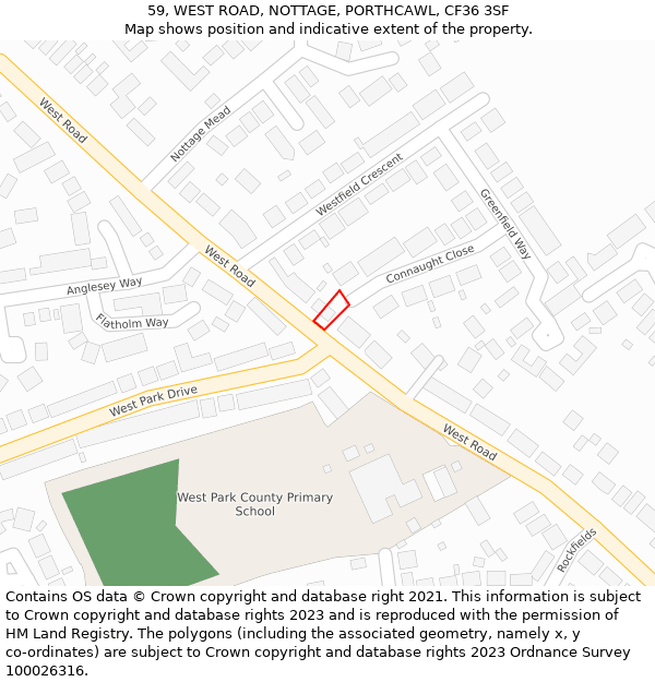 59, WEST ROAD, NOTTAGE, PORTHCAWL, CF36 3SF: Location map and indicative extent of plot