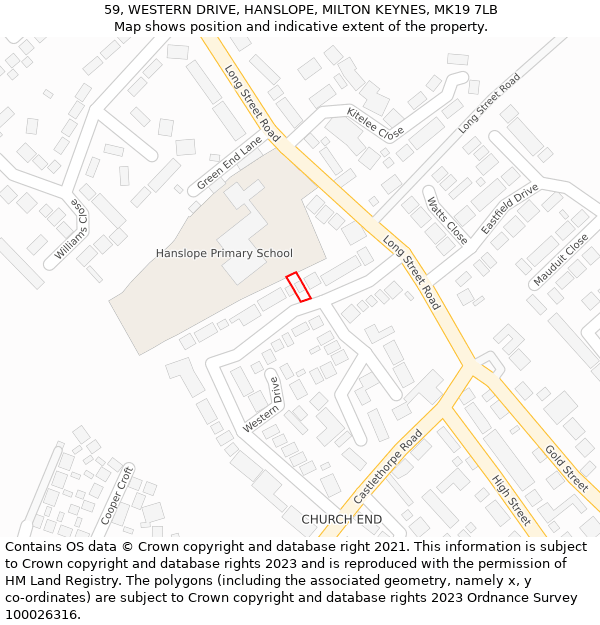 59, WESTERN DRIVE, HANSLOPE, MILTON KEYNES, MK19 7LB: Location map and indicative extent of plot