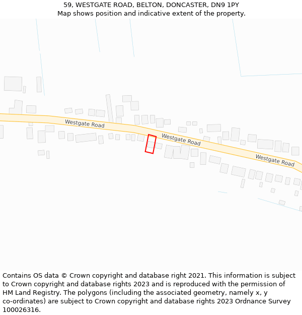 59, WESTGATE ROAD, BELTON, DONCASTER, DN9 1PY: Location map and indicative extent of plot