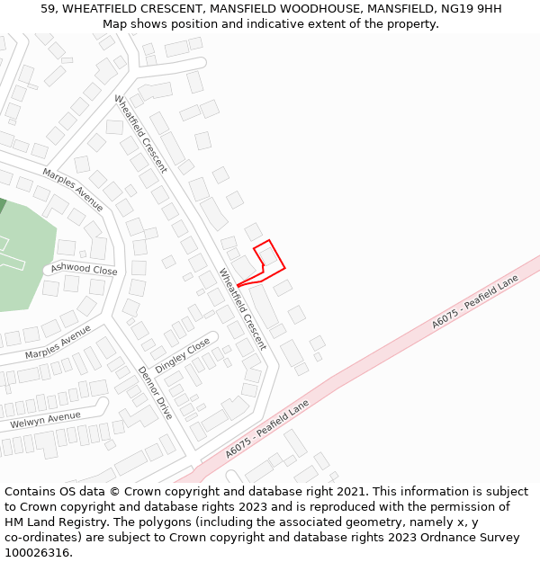 59, WHEATFIELD CRESCENT, MANSFIELD WOODHOUSE, MANSFIELD, NG19 9HH: Location map and indicative extent of plot