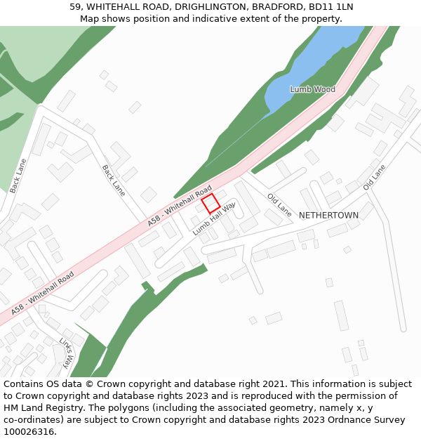 59, WHITEHALL ROAD, DRIGHLINGTON, BRADFORD, BD11 1LN: Location map and indicative extent of plot