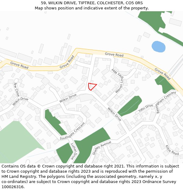 59, WILKIN DRIVE, TIPTREE, COLCHESTER, CO5 0RS: Location map and indicative extent of plot