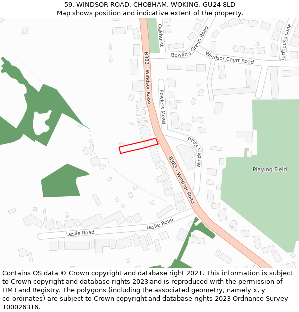 59, WINDSOR ROAD, CHOBHAM, WOKING, GU24 8LD: Location map and indicative extent of plot