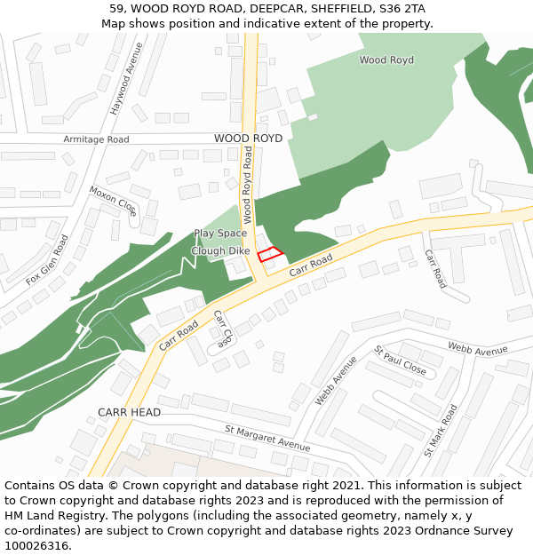 59, WOOD ROYD ROAD, DEEPCAR, SHEFFIELD, S36 2TA: Location map and indicative extent of plot