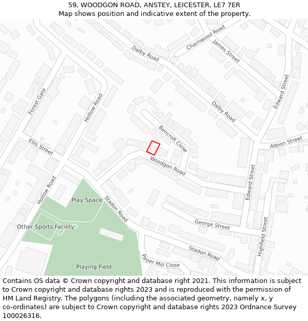 59, WOODGON ROAD, ANSTEY, LEICESTER, LE7 7ER: Location map and indicative extent of plot