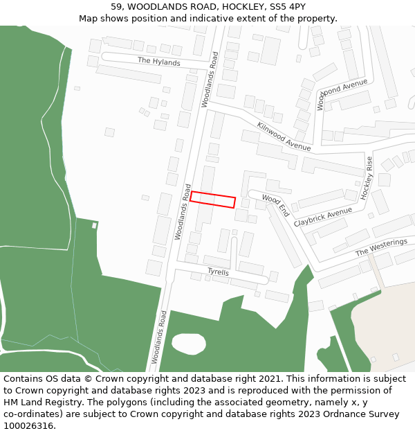 59, WOODLANDS ROAD, HOCKLEY, SS5 4PY: Location map and indicative extent of plot