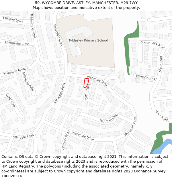 59, WYCOMBE DRIVE, ASTLEY, MANCHESTER, M29 7WY: Location map and indicative extent of plot