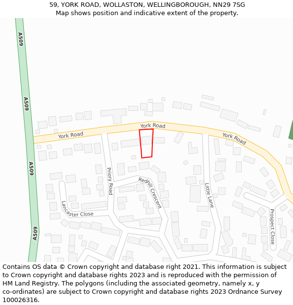 59, YORK ROAD, WOLLASTON, WELLINGBOROUGH, NN29 7SG: Location map and indicative extent of plot