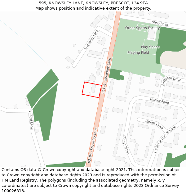 595, KNOWSLEY LANE, KNOWSLEY, PRESCOT, L34 9EA: Location map and indicative extent of plot