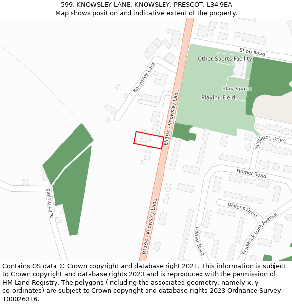 599, KNOWSLEY LANE, KNOWSLEY, PRESCOT, L34 9EA: Location map and indicative extent of plot