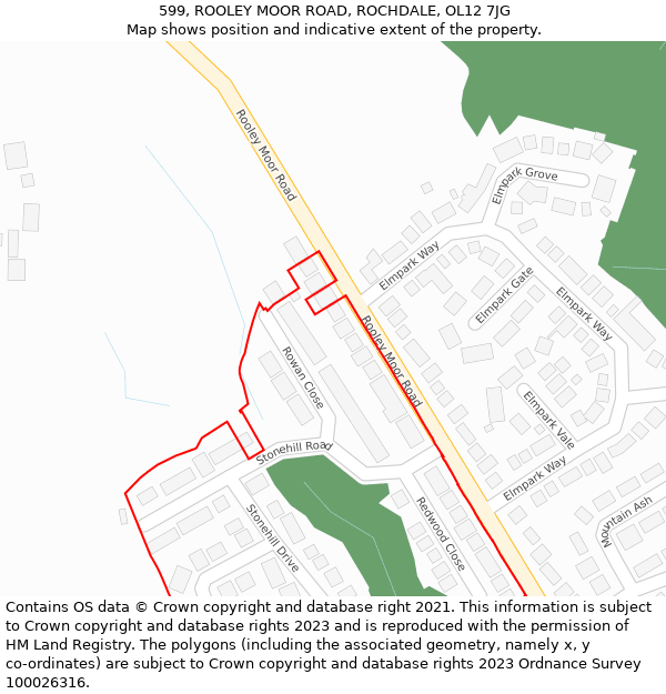 599, ROOLEY MOOR ROAD, ROCHDALE, OL12 7JG: Location map and indicative extent of plot