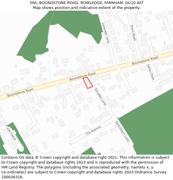 59A, BOUNDSTONE ROAD, ROWLEDGE, FARNHAM, GU10 4AT: Location map and indicative extent of plot