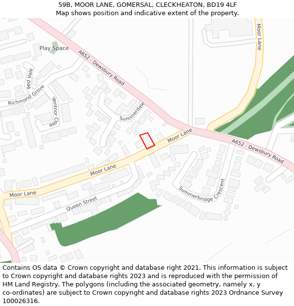 59B, MOOR LANE, GOMERSAL, CLECKHEATON, BD19 4LF: Location map and indicative extent of plot