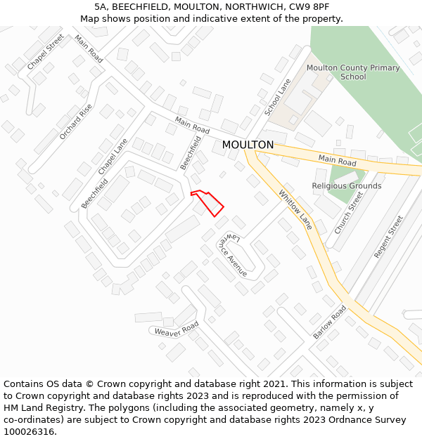 5A, BEECHFIELD, MOULTON, NORTHWICH, CW9 8PF: Location map and indicative extent of plot