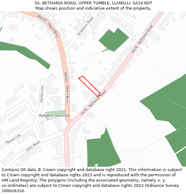 5A, BETHANIA ROAD, UPPER TUMBLE, LLANELLI, SA14 6DT: Location map and indicative extent of plot