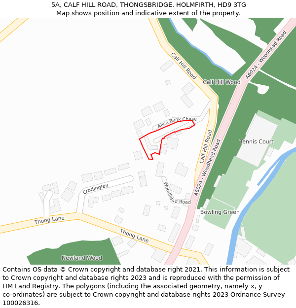 5A, CALF HILL ROAD, THONGSBRIDGE, HOLMFIRTH, HD9 3TG: Location map and indicative extent of plot