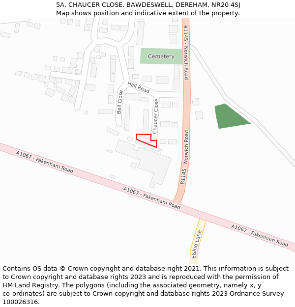5A, CHAUCER CLOSE, BAWDESWELL, DEREHAM, NR20 4SJ: Location map and indicative extent of plot