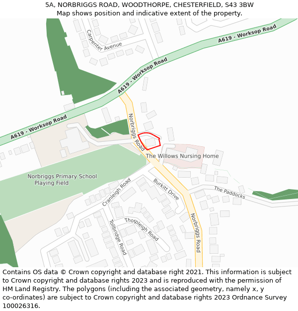 5A, NORBRIGGS ROAD, WOODTHORPE, CHESTERFIELD, S43 3BW: Location map and indicative extent of plot