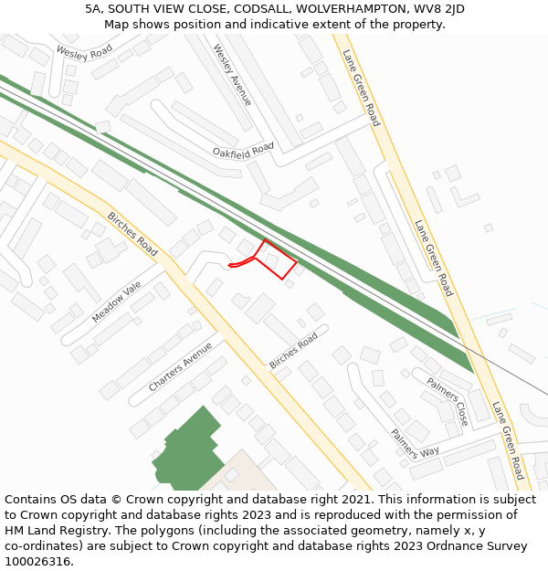 5A, SOUTH VIEW CLOSE, CODSALL, WOLVERHAMPTON, WV8 2JD: Location map and indicative extent of plot