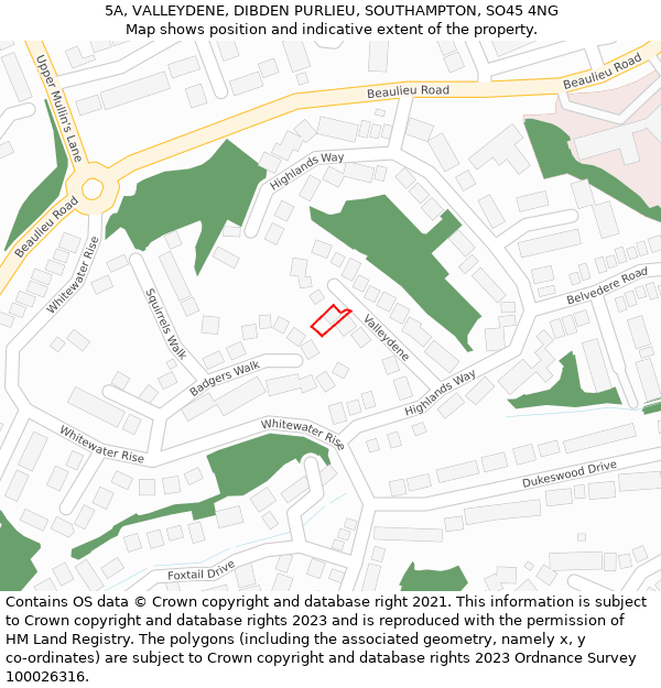 5A, VALLEYDENE, DIBDEN PURLIEU, SOUTHAMPTON, SO45 4NG: Location map and indicative extent of plot