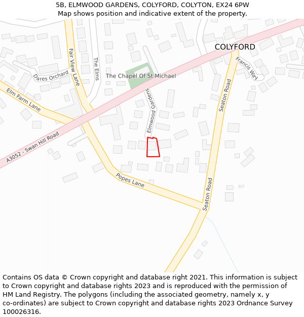 5B, ELMWOOD GARDENS, COLYFORD, COLYTON, EX24 6PW: Location map and indicative extent of plot