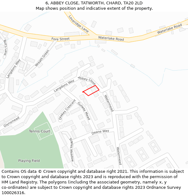 6, ABBEY CLOSE, TATWORTH, CHARD, TA20 2LD: Location map and indicative extent of plot