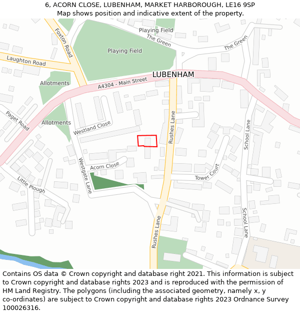 6, ACORN CLOSE, LUBENHAM, MARKET HARBOROUGH, LE16 9SP: Location map and indicative extent of plot