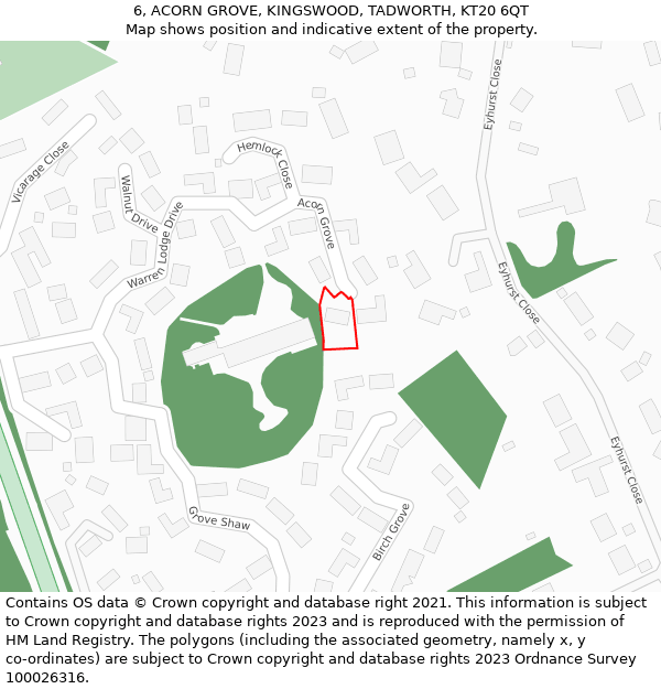 6, ACORN GROVE, KINGSWOOD, TADWORTH, KT20 6QT: Location map and indicative extent of plot