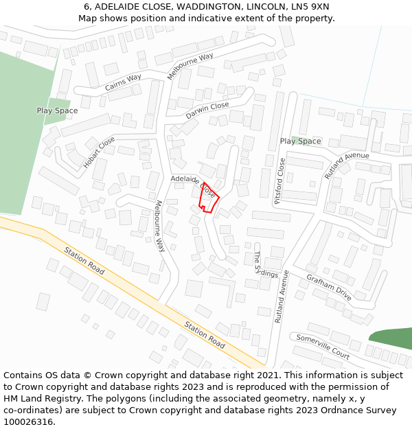 6, ADELAIDE CLOSE, WADDINGTON, LINCOLN, LN5 9XN: Location map and indicative extent of plot