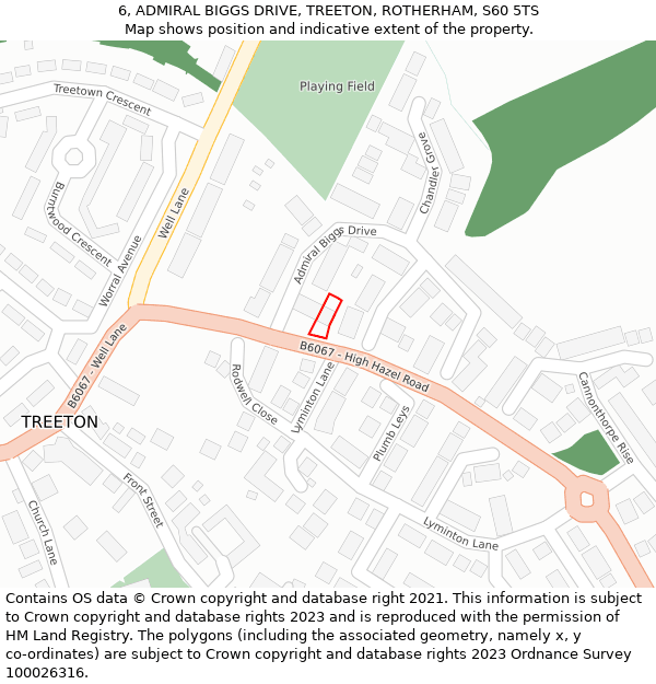 6, ADMIRAL BIGGS DRIVE, TREETON, ROTHERHAM, S60 5TS: Location map and indicative extent of plot