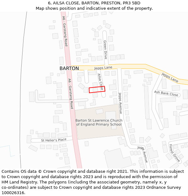6, AILSA CLOSE, BARTON, PRESTON, PR3 5BD: Location map and indicative extent of plot