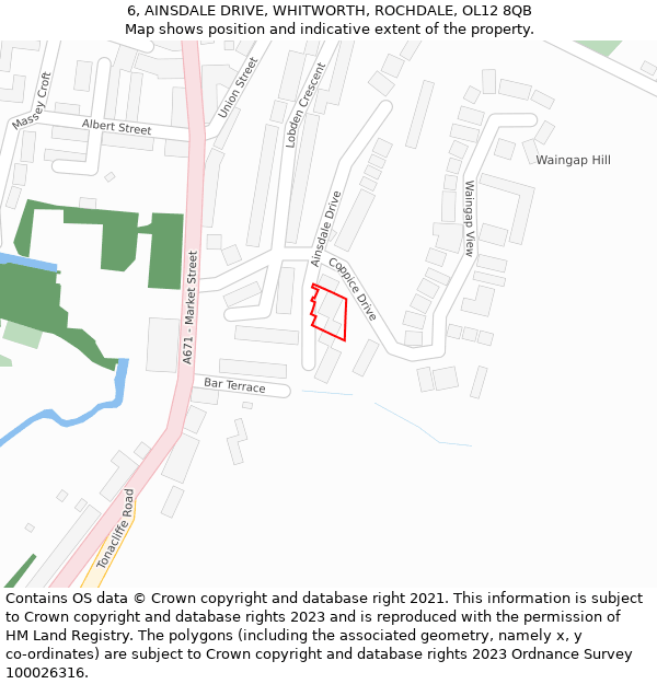 6, AINSDALE DRIVE, WHITWORTH, ROCHDALE, OL12 8QB: Location map and indicative extent of plot