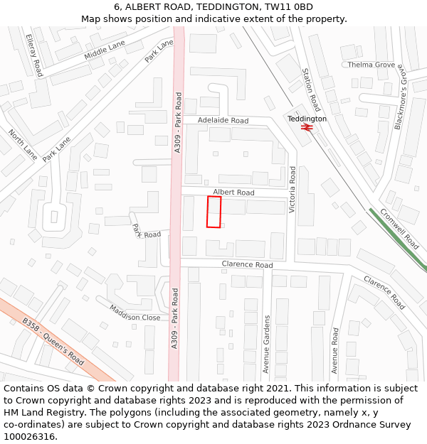 6, ALBERT ROAD, TEDDINGTON, TW11 0BD: Location map and indicative extent of plot