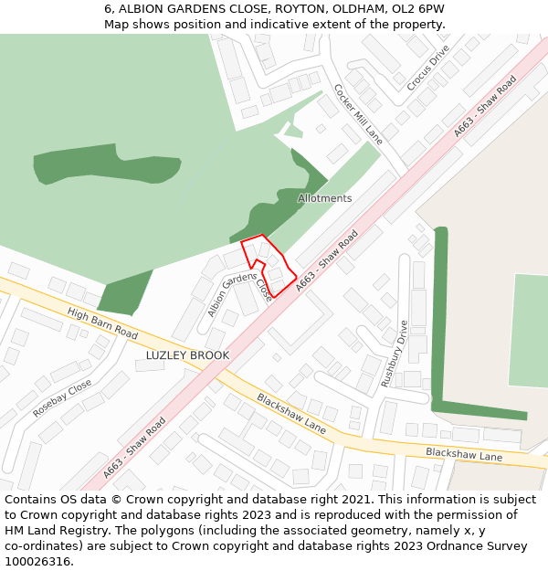 6, ALBION GARDENS CLOSE, ROYTON, OLDHAM, OL2 6PW: Location map and indicative extent of plot