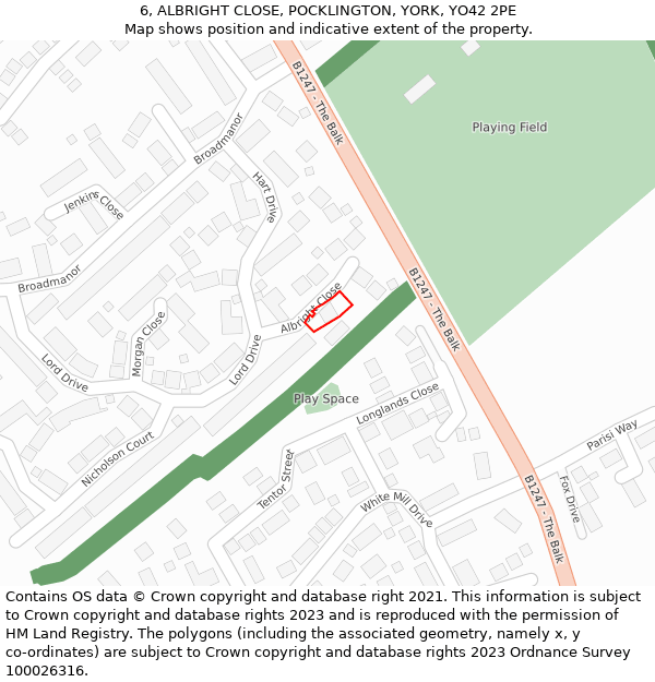 6, ALBRIGHT CLOSE, POCKLINGTON, YORK, YO42 2PE: Location map and indicative extent of plot