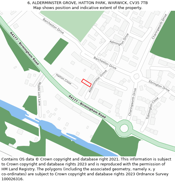 6, ALDERMINSTER GROVE, HATTON PARK, WARWICK, CV35 7TB: Location map and indicative extent of plot