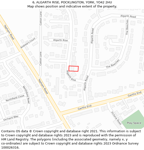 6, ALGARTH RISE, POCKLINGTON, YORK, YO42 2HU: Location map and indicative extent of plot