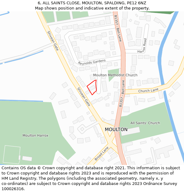 6, ALL SAINTS CLOSE, MOULTON, SPALDING, PE12 6NZ: Location map and indicative extent of plot