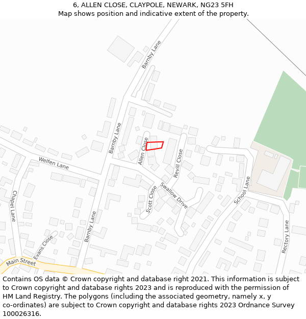 6, ALLEN CLOSE, CLAYPOLE, NEWARK, NG23 5FH: Location map and indicative extent of plot