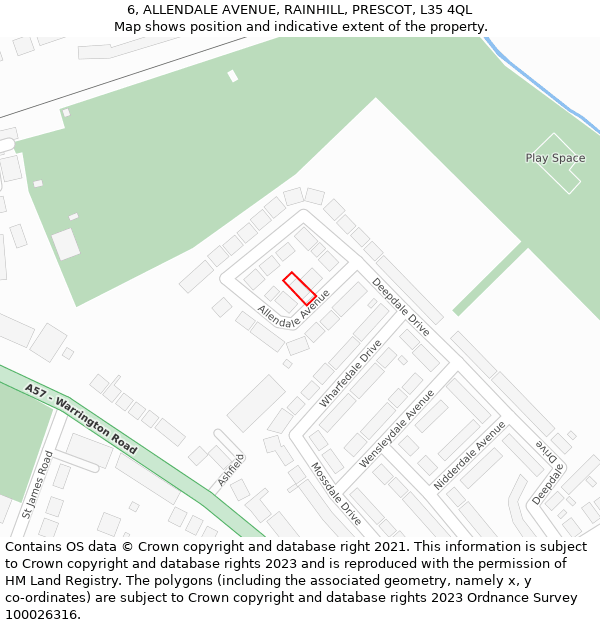 6, ALLENDALE AVENUE, RAINHILL, PRESCOT, L35 4QL: Location map and indicative extent of plot